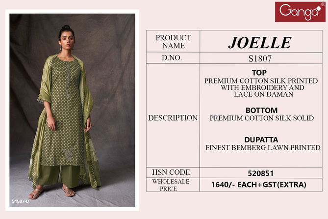 Ganga Joelle S1807 Cotton Silk Designer Salwar Suits
